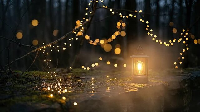 A captivating wide shot showcases a warm, inviting lantern illuminating a dark, mysterious forest floor, creating a magical atmosphere. Delicate string lights gracefully drape across bare branches, th