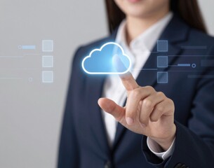 Businesswoman touching cloud computing icon