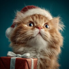 Whiskered delight in a christmas wonderland. Hero shot. Charming feline holiday greetings with gifts and santa's hat. High resolution. Studio portrait.