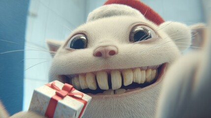 Merry and bright: a smiling cat in the heart of the holiday celebration. Provocative poses. Magical cat baby: santa's hat and a gift in a winter wonderland. Grotesque style.