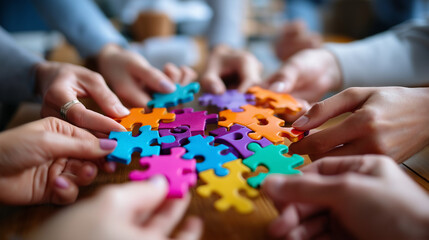 Large colorful jigsaw puzzle pieces on floor, hands assembling together, collaborative problem-solving, visual teamwork exercise, strategic thinking activity, shared goal achieveme