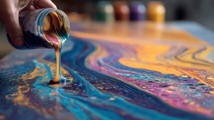 Pouring Vibrant Multicolored Liquid Paint Creating Artistic Flowing Pattern Abstract Art Technique