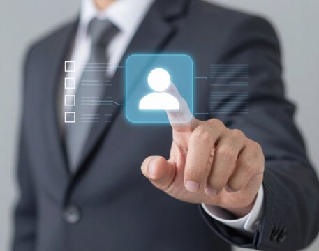 Businessman selecting detailed user profile display - Powered by Adobe