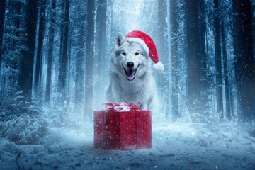 Furry festivities: baby wolf spreading christmas cheer with a gift. Blockbuster poster. Magical holidays: wolf pup with gift box in an enchanting scene. Promotional poster. Advertising photo.