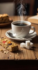 Steaming hot coffee in a white cup with a saucer and spoon, beside a fruit nut energy bar and sugar cubes on a rustic wooden table, offering a comforting morning refreshment.