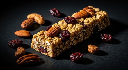 Whole grain cereal bar with almonds, dried cranberries, and nuts, presented against a dark background, showcasing natural ingredients and healthy snacking.