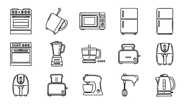 Black outlined kitchen appliances are featured on a white background or kitchen appliances illustration display assorted household items on a blank backdrop