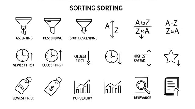 Data Sorting icons arrange content or data for user convenience on white or data filtering icons display order options for applications in simple design