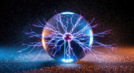 Static electricity plasma globe displaying bright electrical sparks, vivid blue purple energy flowing within, illuminating a dark granular surface. Dynamic science power concept.