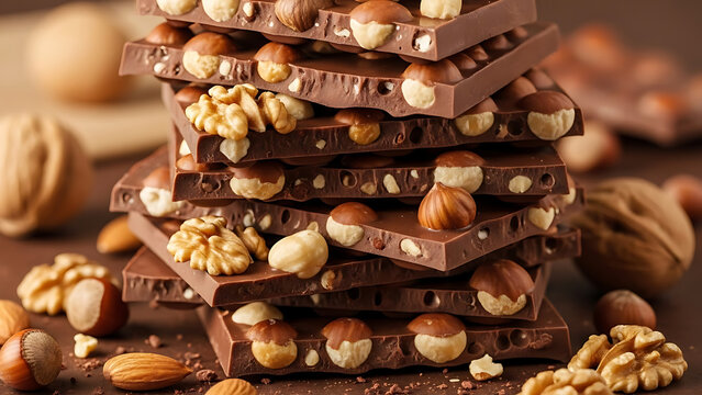 Stack of milk chocolate bars with hazelnuts and walnuts