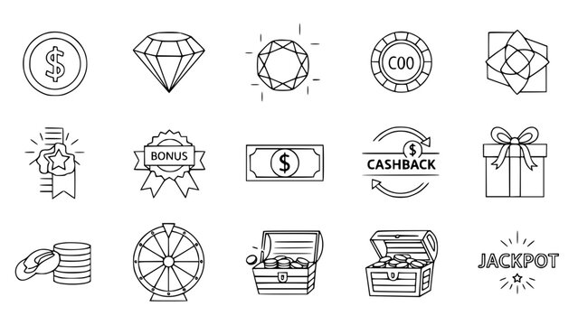 Gambling icons represent financial bonuses and winning isolated on white background or gaming icons present prize collection and cashback symbols on plain backdrop