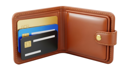 3D icon wallet with credit cards, isolated on white background