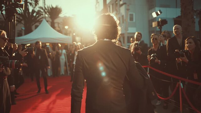 Celebrity walking red carpet at outdoor premiere event during sunset, paparazzi and press photographers flashing lights, capturing fame and glamour in entertainment industry