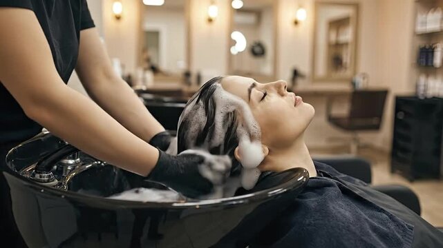 A client enjoys a relaxing hair wash service at a modern beauty salon or spa. Professional hands, clad in protective gloves, meticulously lather the hair with shampoo, creating abundant foam as water 