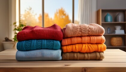 colorful stacked sweaters displayed on wooden table in bright room