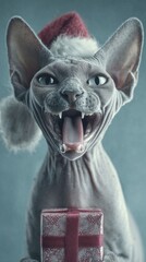 Whiskers and wonder: embracing christmas magic with a sphynx kitten. Promotional poster. A merry sphynx kitten with tilted hat amidst festive splendor. Visual poster. Movie artwork.