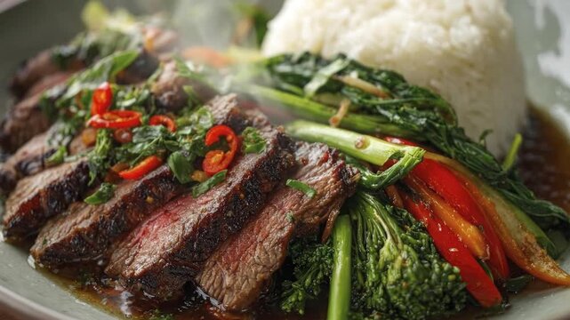 A close-up shot captures a deliciously prepared, steaming hot meal featuring perfectly grilled, savory sliced beef. This enticing dish is artfully plated with vibrant green vegetables, fresh red chili