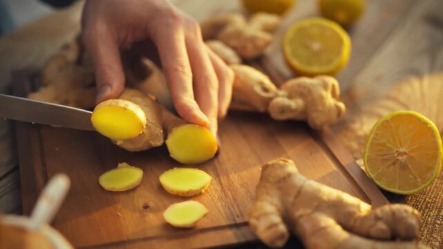 In well-lit kitchen, man's hands expertly slice fresh ginger rhizome, unleashing its aromatic pungency. ginger root's extract is rich in healing benefits, often used to create nutritious ginger juice