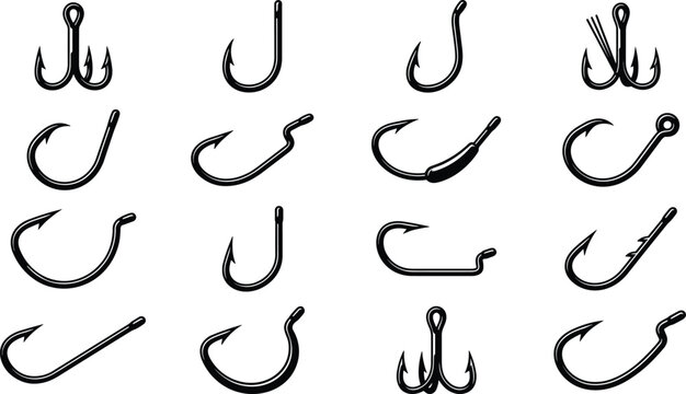 Fishing hook vector set, black steel fish hooks collection, isolated tackle icons for catching bait on white background design.