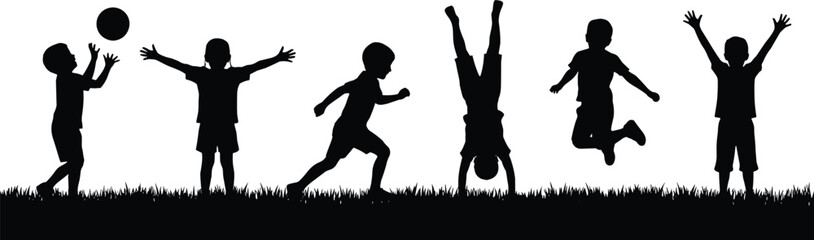 Happy children silhouette playing on grass, catching ball, jumping, doing handstand, vector illustration for active childhood concepts, black and white.