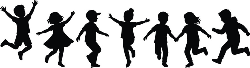 Happy children silhouette vector set, group of kids jumping running and playing together, active boys and girls collection, isolated on white. © Amit World