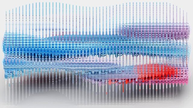 3d render abstract video 3d background wallpaper with surreal geometry figures as cylinders circles discs torus pipes tube sticks in mixed gradient color in isometric view on white in mosaic pattern