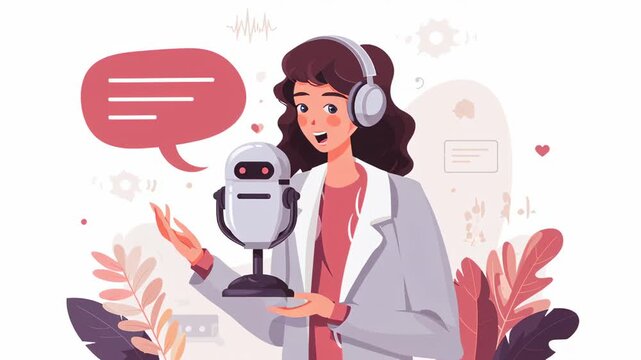 Woman wearing headphones broadcasting a podcast. Interviewing an ai robot. Representing concepts of artificial intelligence interaction. Digital communication. Future technology