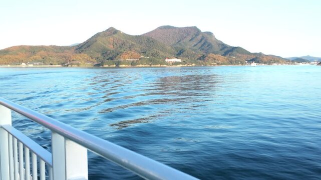 Seto Inland Sea and Shodoshima Island viewed from a ferry on a sunny day