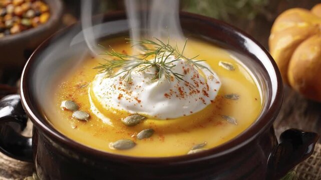 A close-up view captures a rich, creamy, and visibly steaming bowl of wholesome orange soup, elegantly garnished with a generous dollop of fresh white cream, vibrant green herbs, and nutritious pumpki