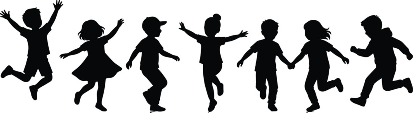 Happy children silhouette vector set, group of kids jumping running and playing together, active boys and girls collection, isolated on white.