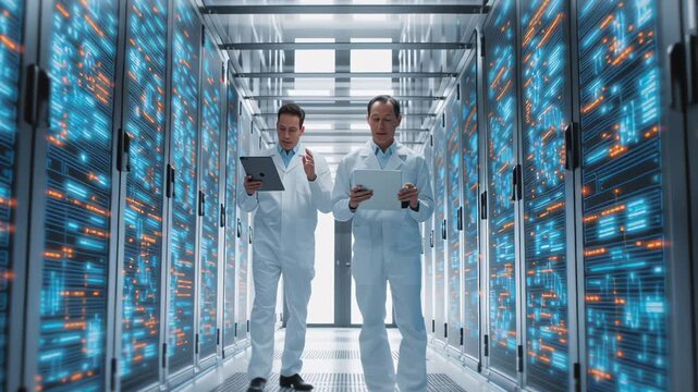 It engineers discussing system performance, maintenance, and data security in a cutting edge server room, managing cloud computing infrastructure and big data storage