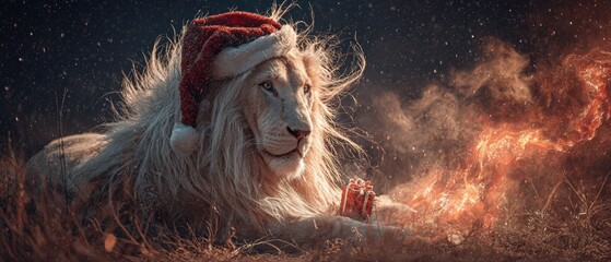 Season's greetings: a charming festive fantasy unfolds. Avant-garde shots. Charming lion fire horse smiles brightly in festive christmas scene. Edgy editorial. Surreal portraits.