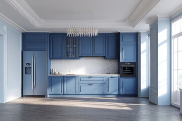 Contemporary kitchen featuring deep blue cabinetry and stainless steel appliances bathed in natural light