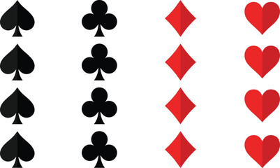 Playing card suits vector set, black spades and clubs, red hearts and diamonds symbols, gambling casino poker game design elements.
