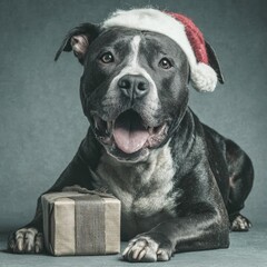 Warm winter wishes from a whimsical canine. Adventure poster. Anthropomorphic dog with a santa hat and gift box, subtle christmas vibes. Blockbuster art. Film poster.