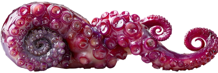 Realistic octopus tentacle curled end detail wet glossy texture visible suction cups vibrant deep pink and purple tones highly detailed skin surface natural lighting ultra sharp focus