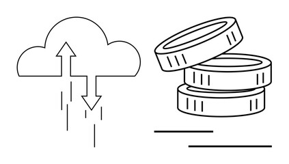 Cloud technology, digital currency, data exchange, fintech, economy, online transactions. Image features cloud with arrows and digital coins. Cloud technology and digital currency concept
