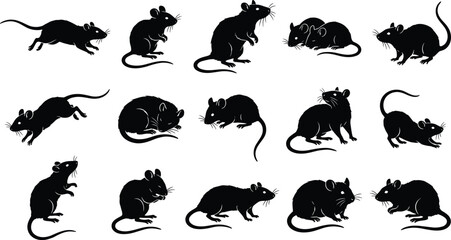Rat silhouette vector set, black rodent animal collection, mouse running and standing icons, isolated pests on white background design.