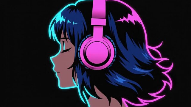 Vibrant anime girl wearing pink headphones with neon glow