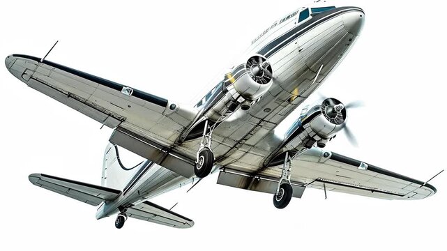 Front low-angle view of vintage twin-engine propeller airplane isolated on white background.