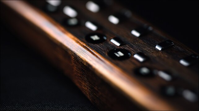 Close-up of a polished ebony violin fingerboard with intricate wood grain and reflective surfaces, showcasing fine craftsmanship for musical performance.