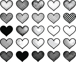 Set of textured heart icons vector illustration, black and white love symbols collection for valentine day design, hand drawn style.