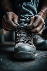 Dirty Hands Tying Work Boot Laces in Dim Light