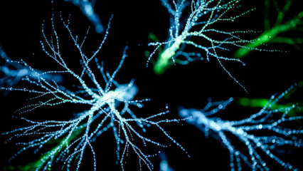 Macro view of glowing neurons and synapses firing in a complex brain system. Scientific biology background showing electric nerve cells and connections.