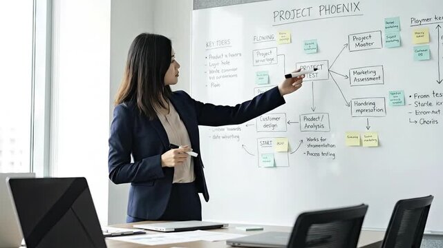 A confident professional stands in a bright, modern office, actively presenting a complex business strategy on a large whiteboard. She uses a marker to illustrate key points on a detailed flowchart, e