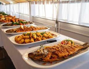 A long table displays several different types of fried and grilled fish for the Italian seven fishes tradition.