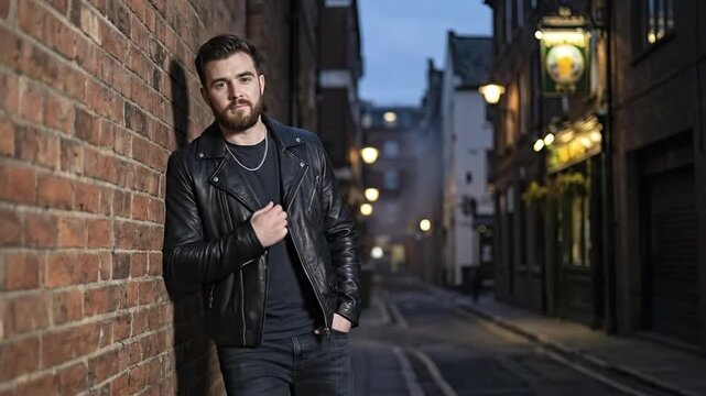 A confident young man with a well-groomed beard and stylish hair leans casually against a textured brick wall in an atmospheric urban alleyway. He is impeccably dressed in a contemporary black leather