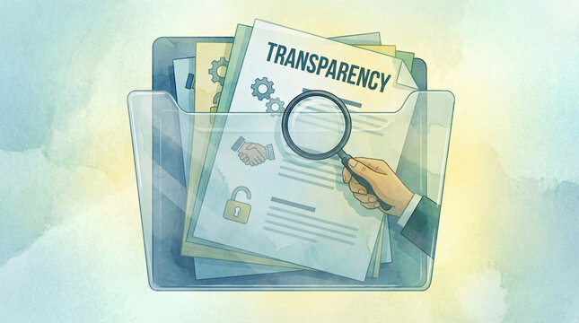 A hand holding a magnifying glass examines a document labeled TRANSPARENCY within a file folder full of papers. The artwork utilizes a watercolor effect.
