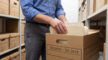 A Man sorts beige folders inside a cardboard box labeled RECORDS - Q3 2023. The scene occurs within a room filled with shelving units.