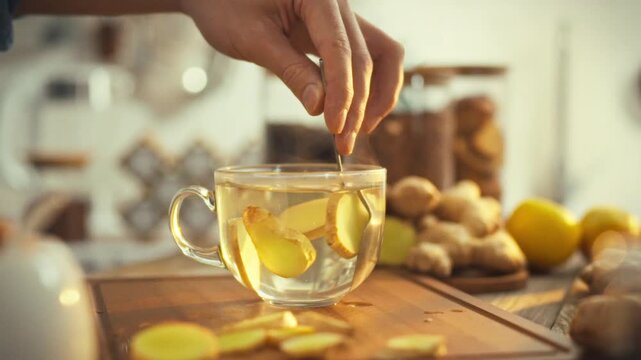 A man's hand stirs a soothing cup of tea infused with fresh ginger's pungent aroma, in a cozy, sunlit kitchen, highlighting the herb's numerous health benefits and the warmth of homemade ginger juice